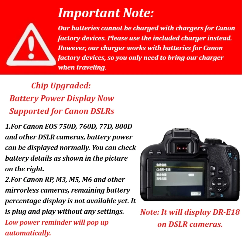 LP-E17 7.2V 1040mAh Camera Battery for Canon EOS 750D 760D 77D 800D T6s T6i T7i X8i 8000D M6 M5 M3 SL2 LC-E17E with US Charger