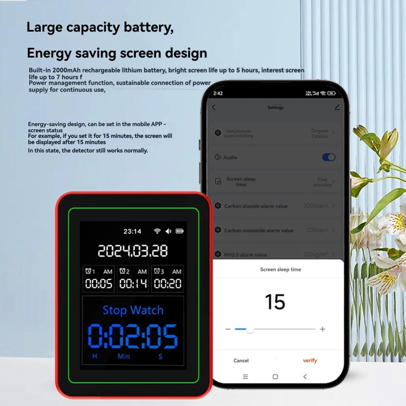BAAZ caliente 15-en-1 Tuya WIFI Detector Digital de calidad del aire recargable para el hogar CO2/CO/TVOC/HCHO/PM2.5/Temp/Humi para hogar inteligente