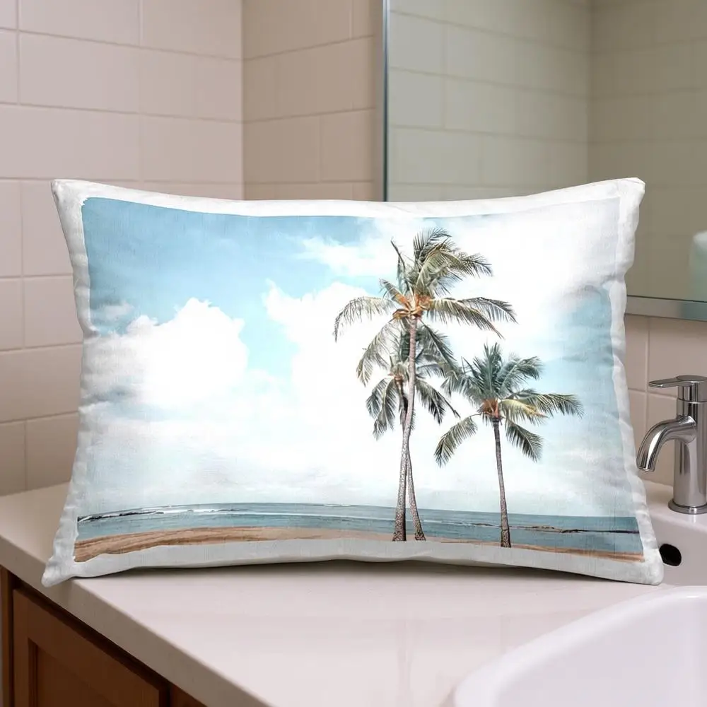 Almofada azul de 14 x 7 x 20 polegadas com cenário tropical e design sinuoso