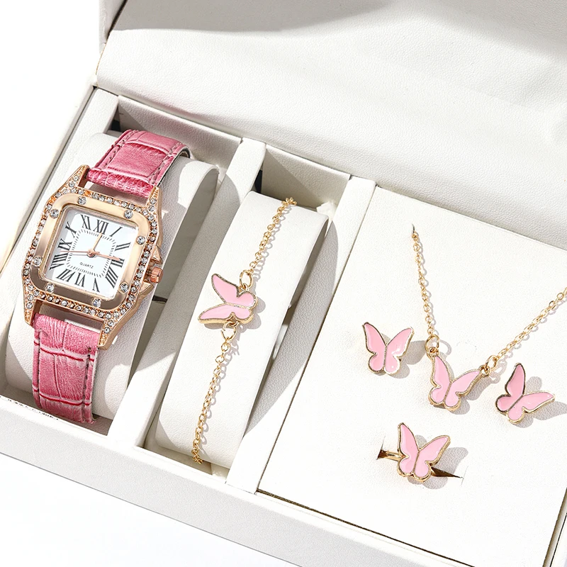 6PCS Women Watch Pink Leather Band Ladies Watches Fashion Casual Quartz Wristwatch Butterfly Design Ring Necklace Earrings Watch