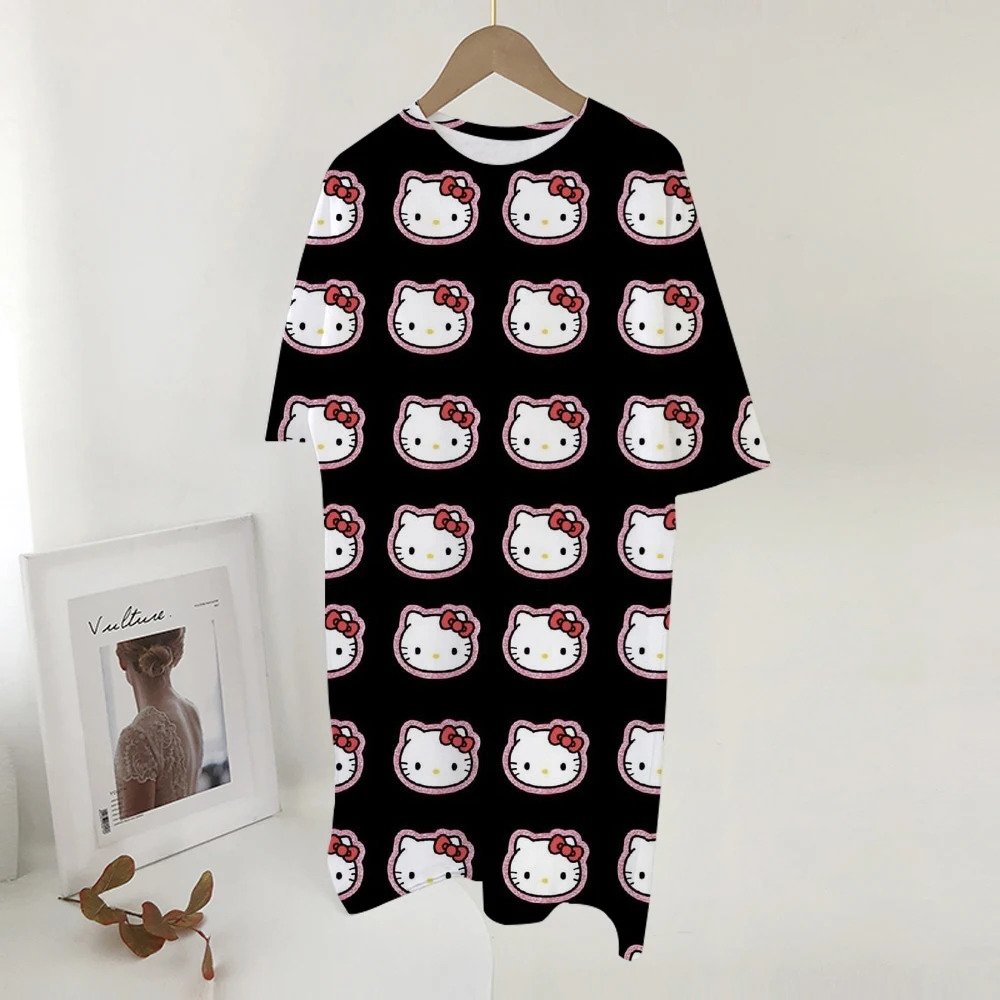 Verano mujer camiseta vestido Casual cuello redondo manga corta Hello Kitty estampado coreano Slim Mini Vestidos