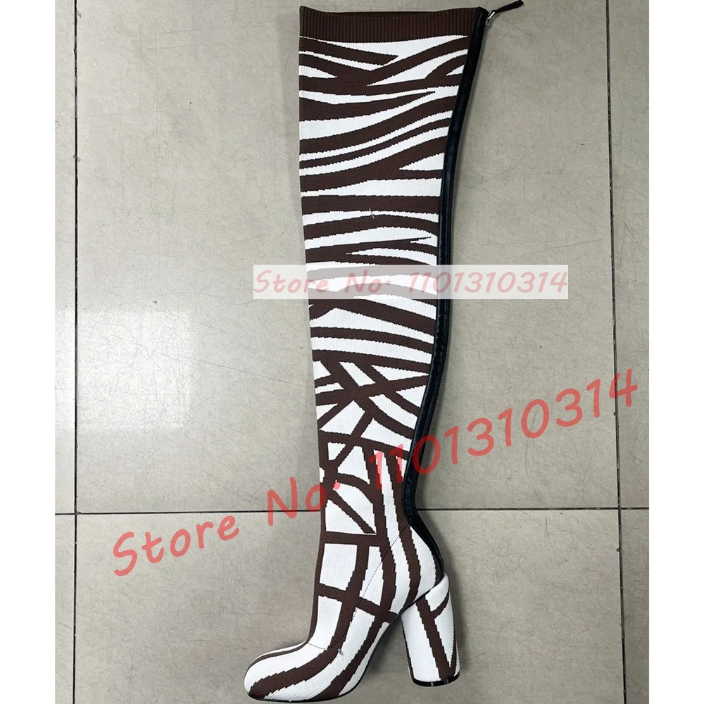 Striped Knitted Over Knee Stretch Boots Women\'s Unique Spring Round Toe Thick Heel Shoes Female New In Design Fashion Long Boots