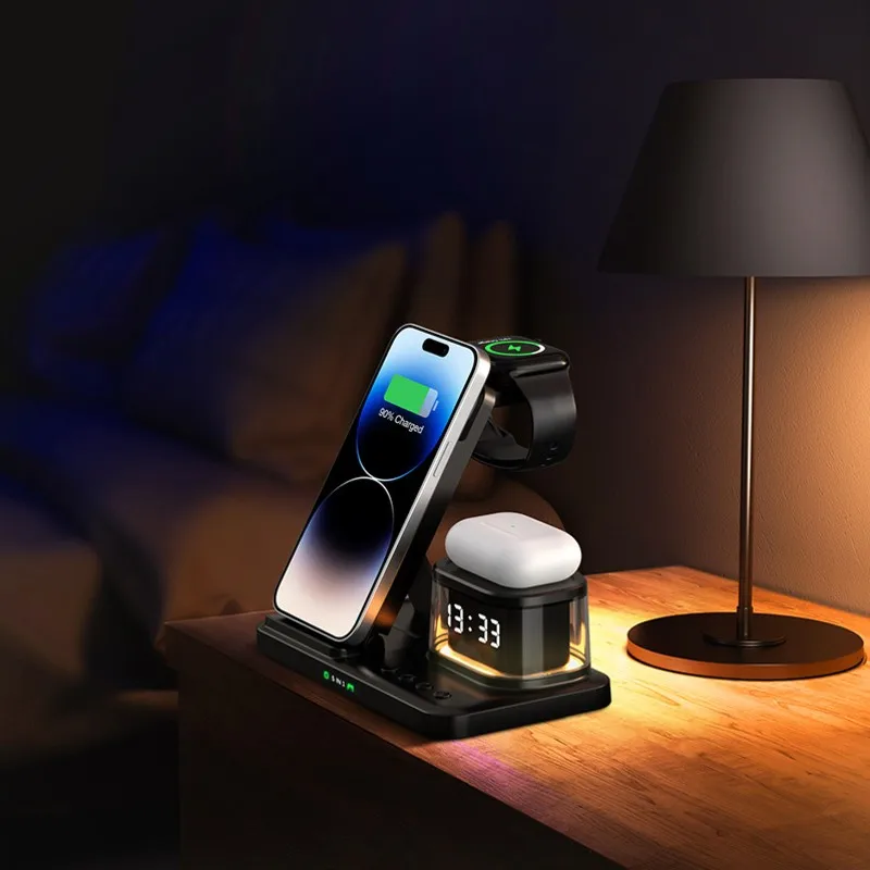 

24-часовая доставка Беспроводная зарядная станция 5-в-1 Складной дизайн-часы, ночник, быстрая зарядка 22,5 Вт для смартфонов