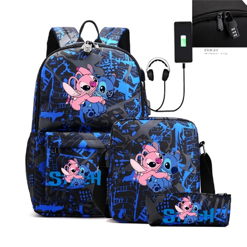 Lilo Stitch Backpack 3pcs An-ti Lock USB Capacity School Bags For Boys Girls Cartoon Travel Mochilas With Shoulder Bags