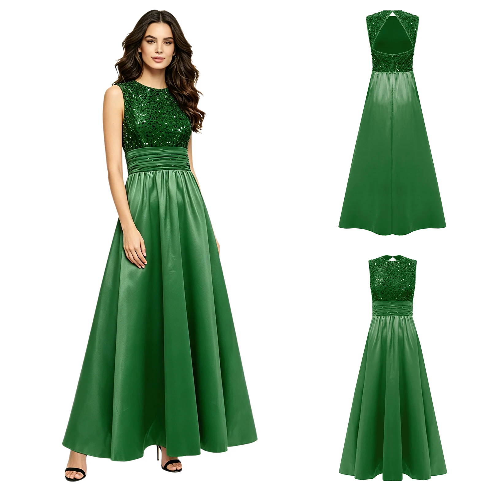 

Womens Wedding Guest Maxi Dress Sleeveless Backless Sequined Velvet Ruched High Waist Satin Dress for Birthday Milestone Party