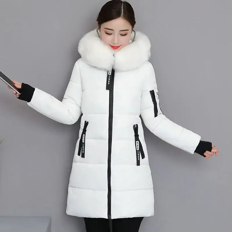 Winter Women's Clothing Mid-length Cotton Coat Korean Fashion Jacket Big Fur Collar Coat Keep Warm Slim Fit with Hood Designer