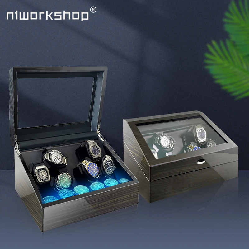 

1pc Niworkshop Automatic Watch Winder,6+6 Slots Watch Storage Case with Flexible Pillow, Quiet Motor, LED Light,USB Powered