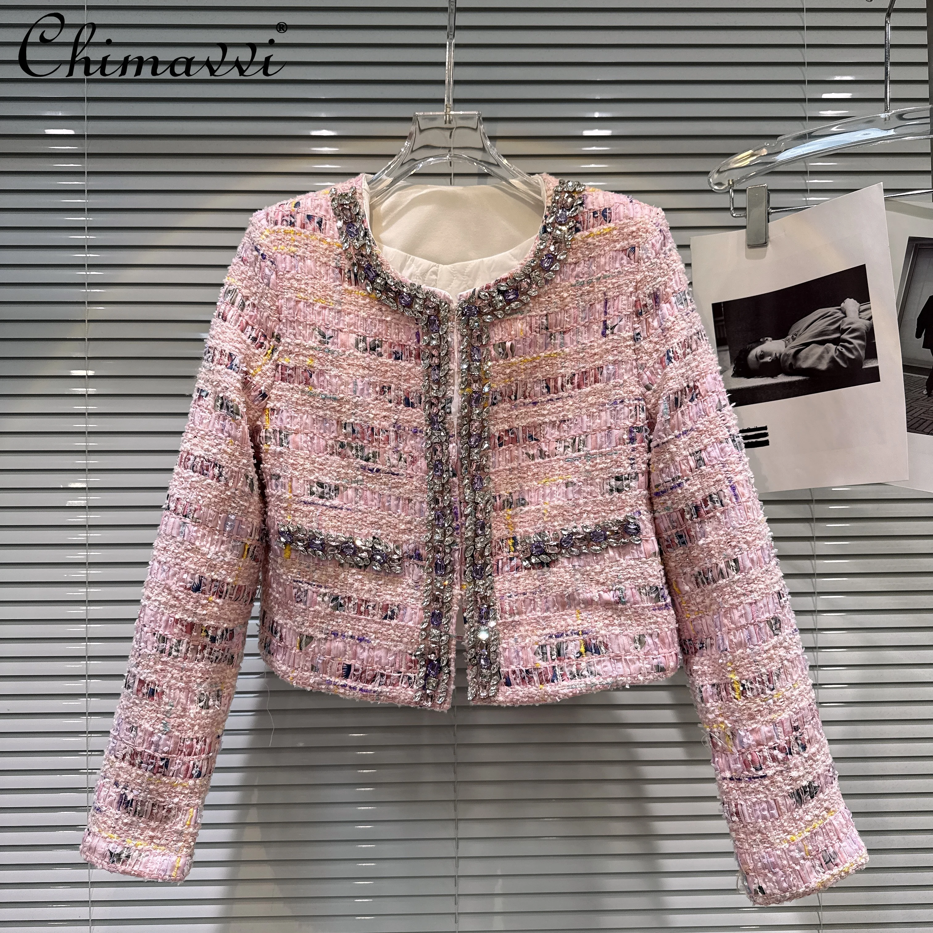 

Korean Style Fashion Socialite Diamond Round Neck Long Sleeve Straight Slim Pink Tweed Quilted Coats Short Jackets Women Winter
