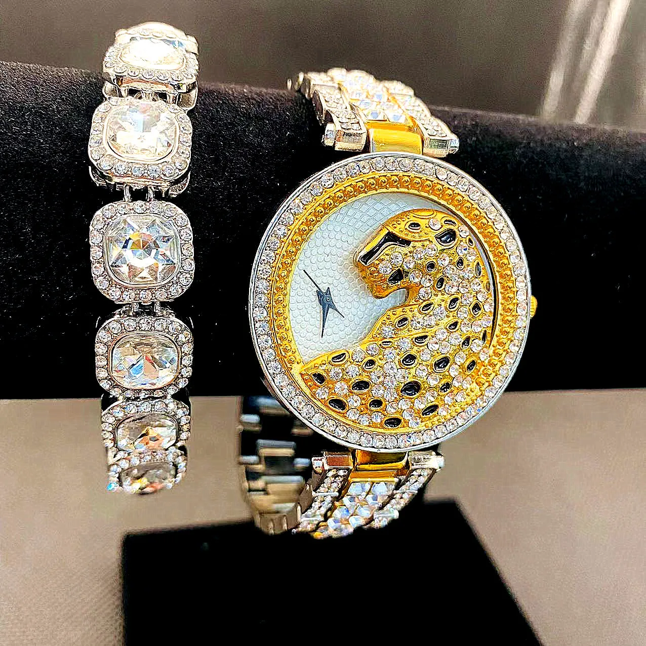 2pcs Iced Out Watch for Women Bling Bling Bracelet Leopard Fashion Watch Luxury Diamound Watches Women Jewelry Reloj De Mujer