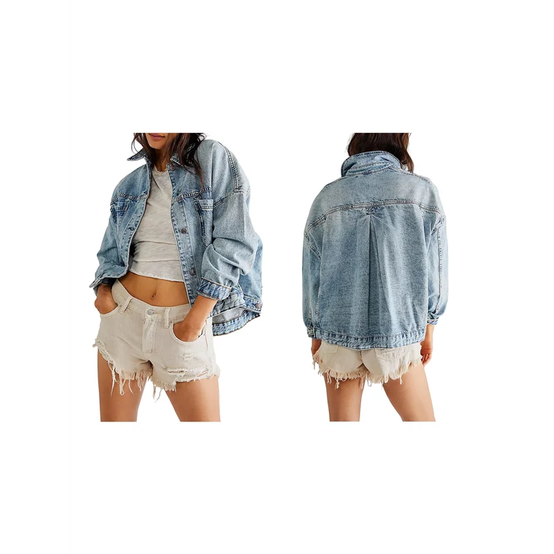 

ABGR-Женская свободная джинсовая куртка с длинными рукавами и лацканами