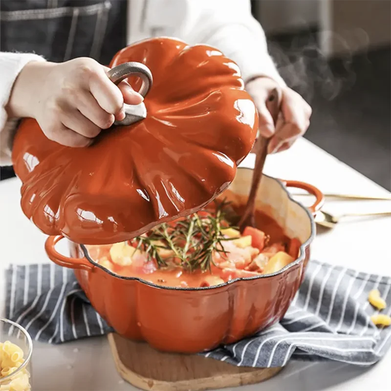 

Эмалированная чугунная кастрюля для супа с крышкой, маленькая тыква, Голландская печь, запеканка, кухонные принадлежности для приготовления пищи, 16 см