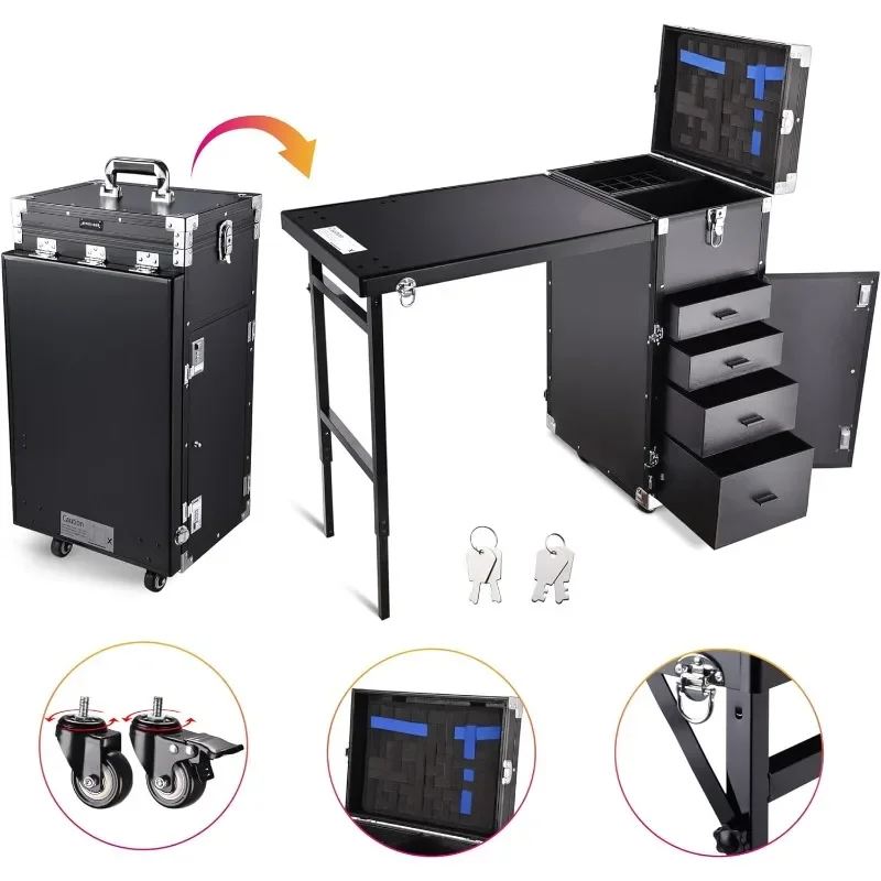 Manicure Table Foldable Nail Table Makeup Train Case Tattoo Station Portable Nail Desk Workstation with 4 Drawers Mirror