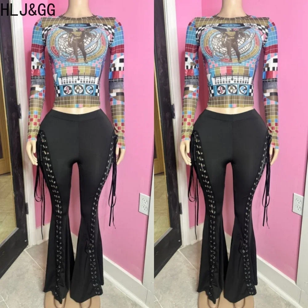 

HLJ&GG Y2K Fashion Trend Streetwear Women Round Neck Long Sleeve Multicolour Top And Skinny Bandage Flare Pants Two Piece Sets