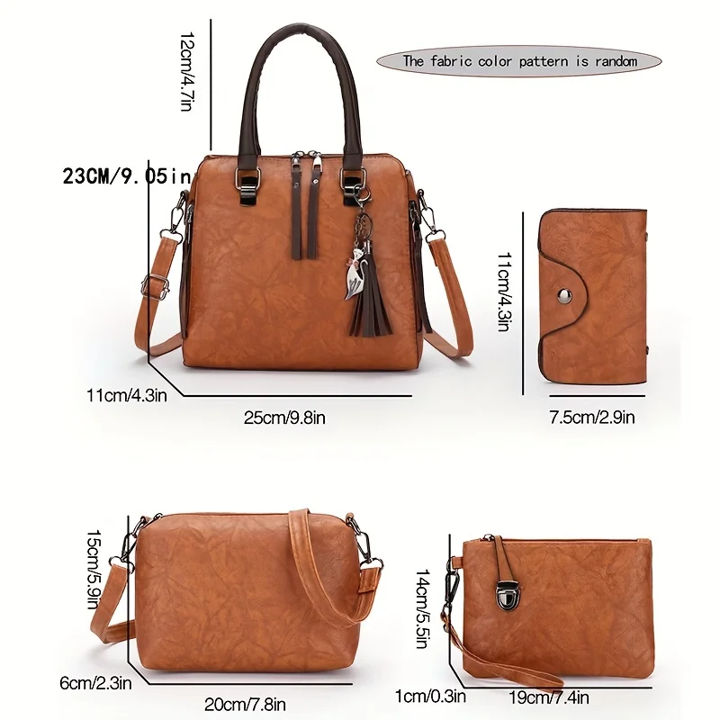 4pcs Faux Leather Bag Set, Stylish Tassel Decor Handbag & Crossbody Bag & Clutch Purse & Card Holder