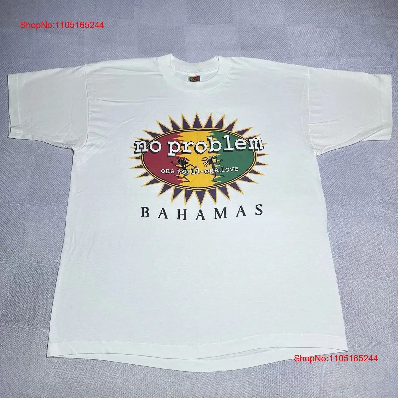 خمر 1990s لا مشكلة عالم واحد الحب البهاما الأبيض تي شيرت حجم XL خمر غسلها أوم قمة الموضة لارتداء اليومي #1
