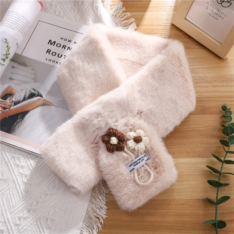 

Womens Cute Floral Plush Scarf Winter Warm Faux Rabbit Fur Neck Warmer Fashion Cross Wrap