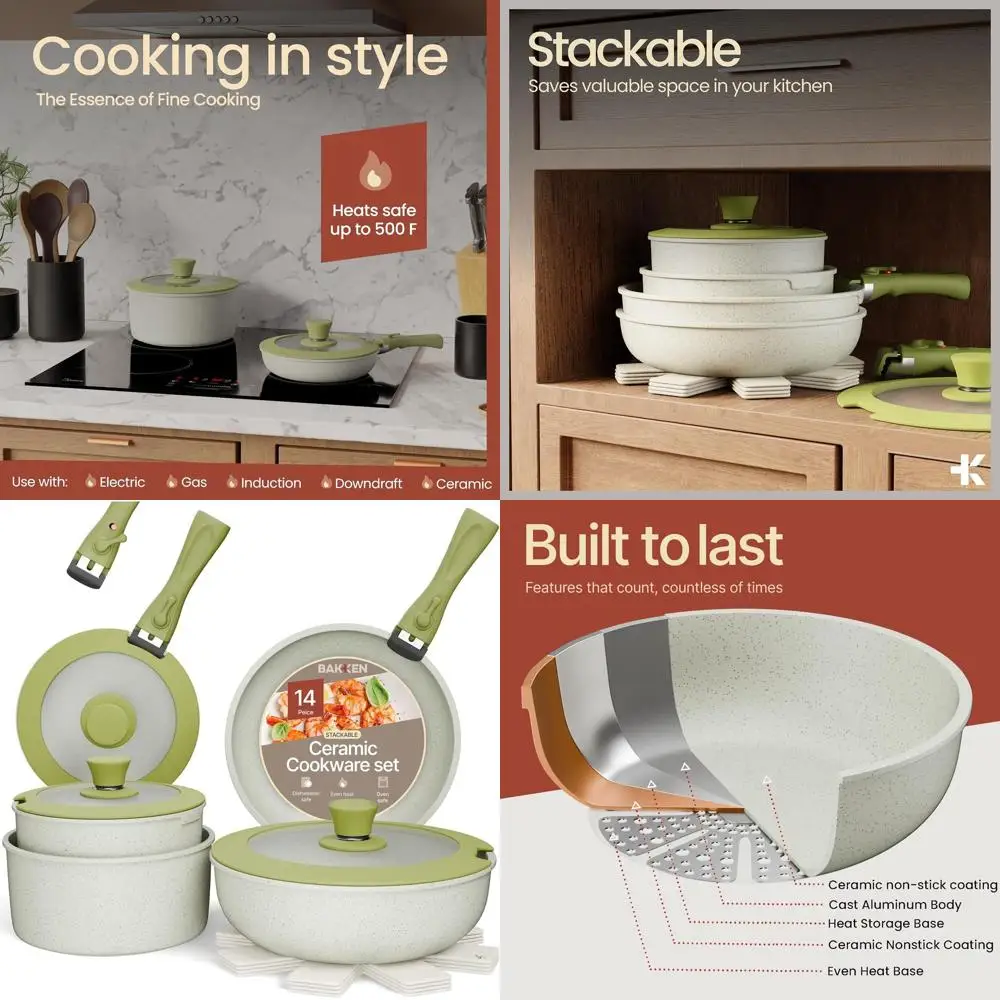 

15-Piece Non-Stick Ceramic-Granite Cookware Set with Detachable Handles, Stackable, Dishwasher Safe, Oven and All-Stove Compatib