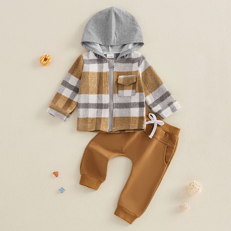 Cute Toddler Boy Autumn Ensemble Checkered Patterned Hoodie with Zipper Closure and Matching Solid Pants Outfit