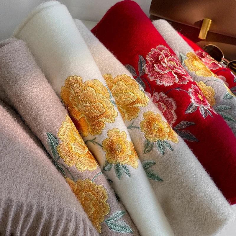 

Winter Scarf for Women Long Warm Embroidery Cashmere Scarves Hijab Solid Lady Shawl Wrap Female Pashmina Bandana Head Scarf