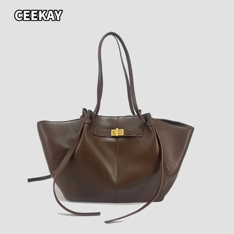 Fashion Large Capacity Trapeze Women Shoulder Bags Designer Metal Lock Handbags High-Quality Pu Leather Big Tote Commute Bag - view 2