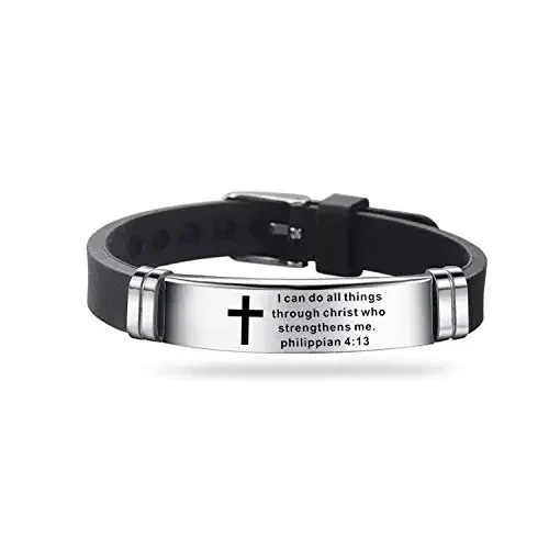 Inspirational Cross Bracelets Bible Verse Silicone ID Wristband for Men Women Boy Girl Stainless Steel Rubber Adjustable