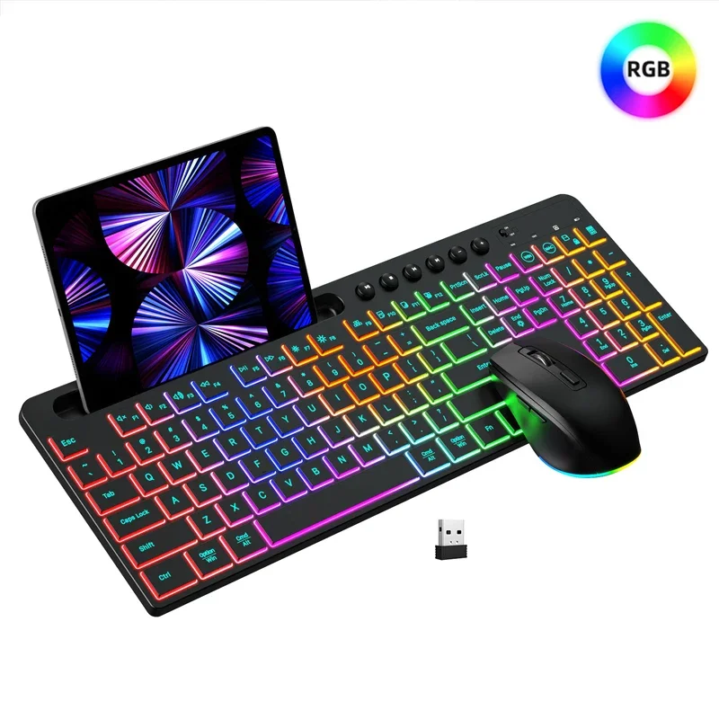 

Wireless Keyboard and Mouse Combo with Phone Tablet Holder Backlit Rechargeable 2.4G Mice & Keyboard Set for PC Laptop