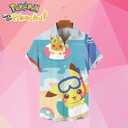 Men's Shirts Pikachu Pokemon Oversized HD Print Social Shirt Couples Dress Cute Fashion 2024 Y2k Harajuku Anime Cosplay Costume