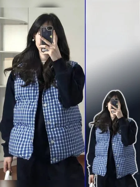 

plus Size Blue Plaid Cotton Vest Loose Fit Svel Korean Sle Warm Outerwear for Young Women Winter Faion Set