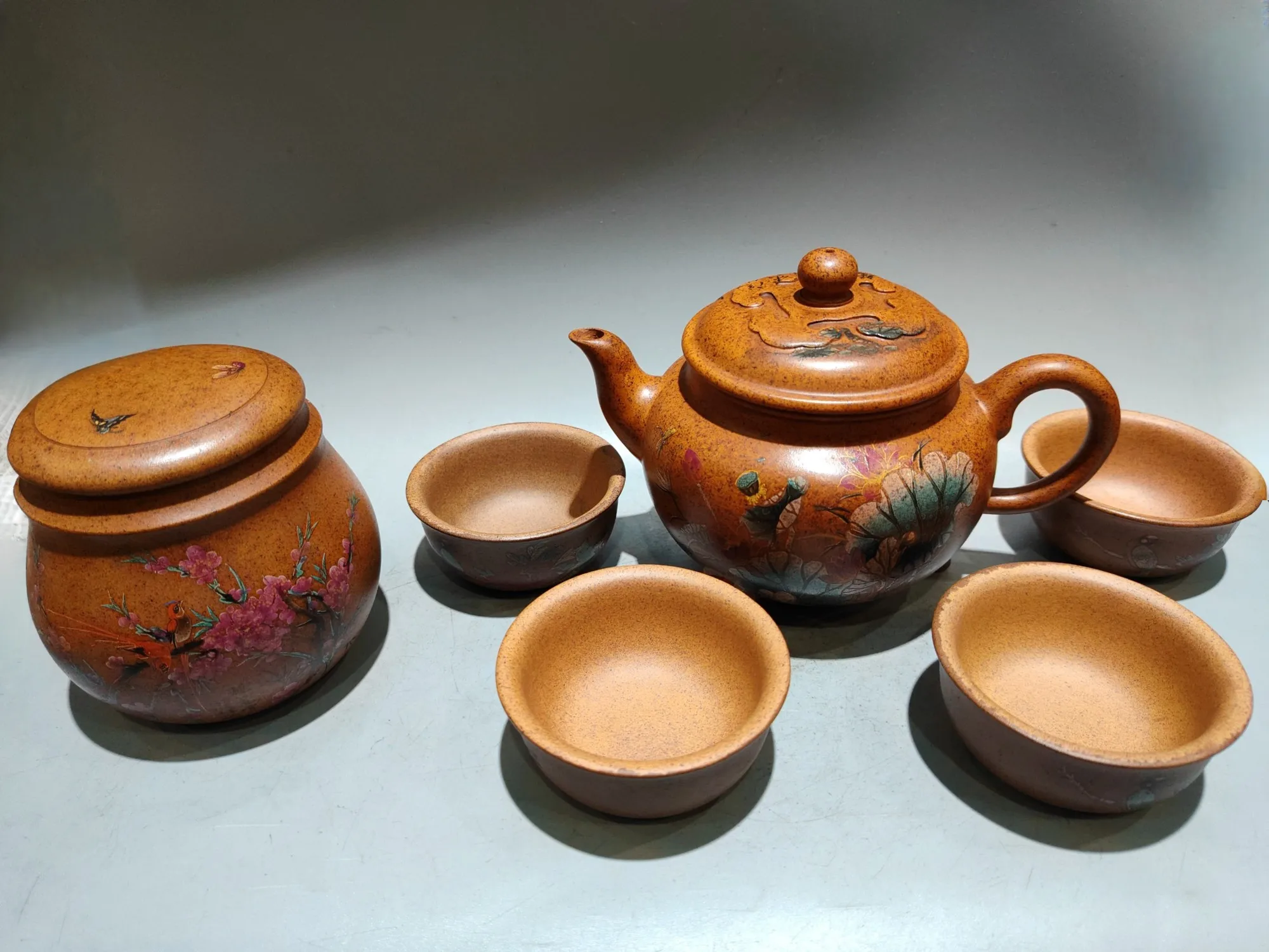Purple Clay Pot Painted Lotus Pattern Three Legged Pot 4 cups tea caddy a set Kettle Teapot Pot Tea