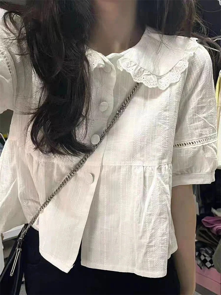 

Sweet Women Short Shirts Fashion White Crop Tops Lace Peter Pan Collar Short Sleeve Loose Summer Thin Hollow Blouses 2026 Blusas