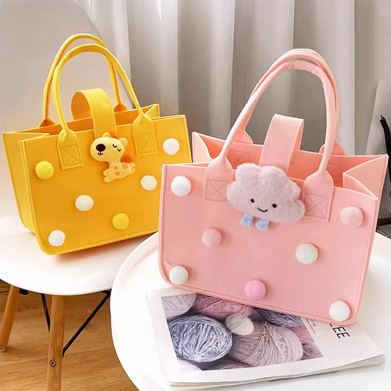 Cartoon Felt Messenger Bag With Doll For Women Casual Solid Color Large Capacity Handbag Females Shopping Bags Tote Handle Bag