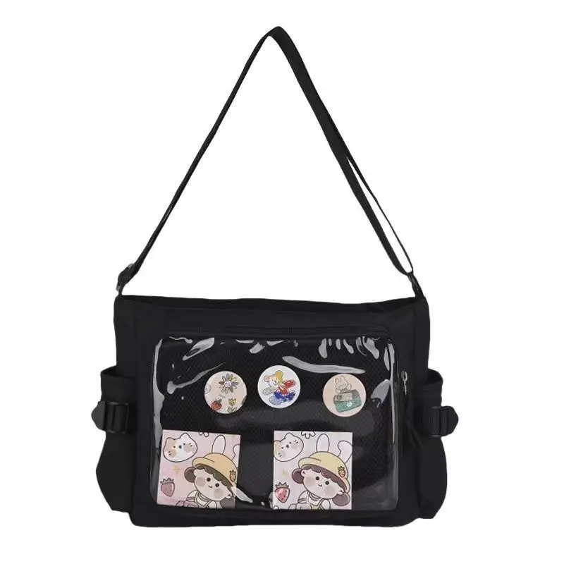 Y2K Transparent Ita Bag Large Capacity Crossbody Bag with Side Pockets Pin Display Casual Shoulder Bag for Women School Travel