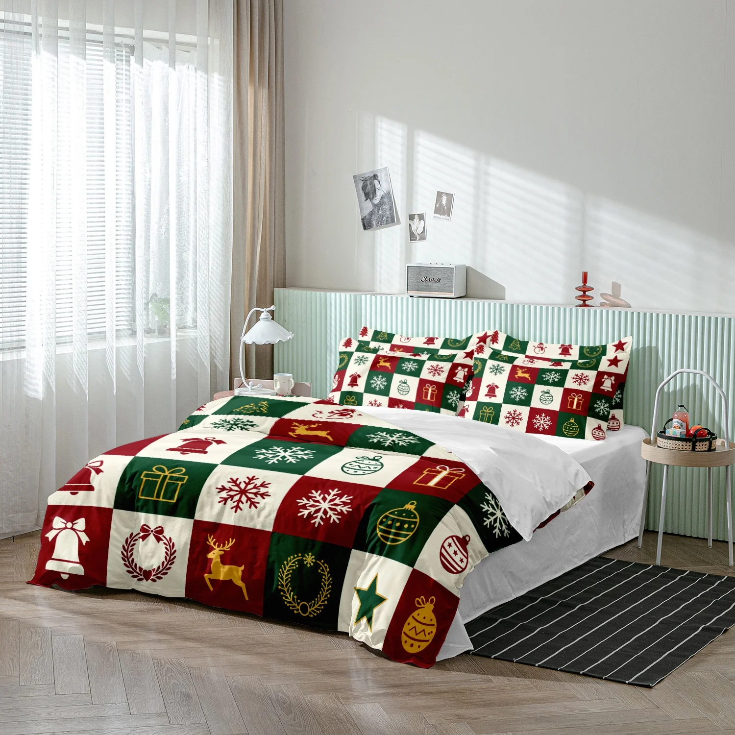 3Pcs Geometry Square Plaid Reindeer Snowflake Bell Gift Wreath Bauble Print Duvet Cover Set, Christmas Checkerboard Grid Bedding