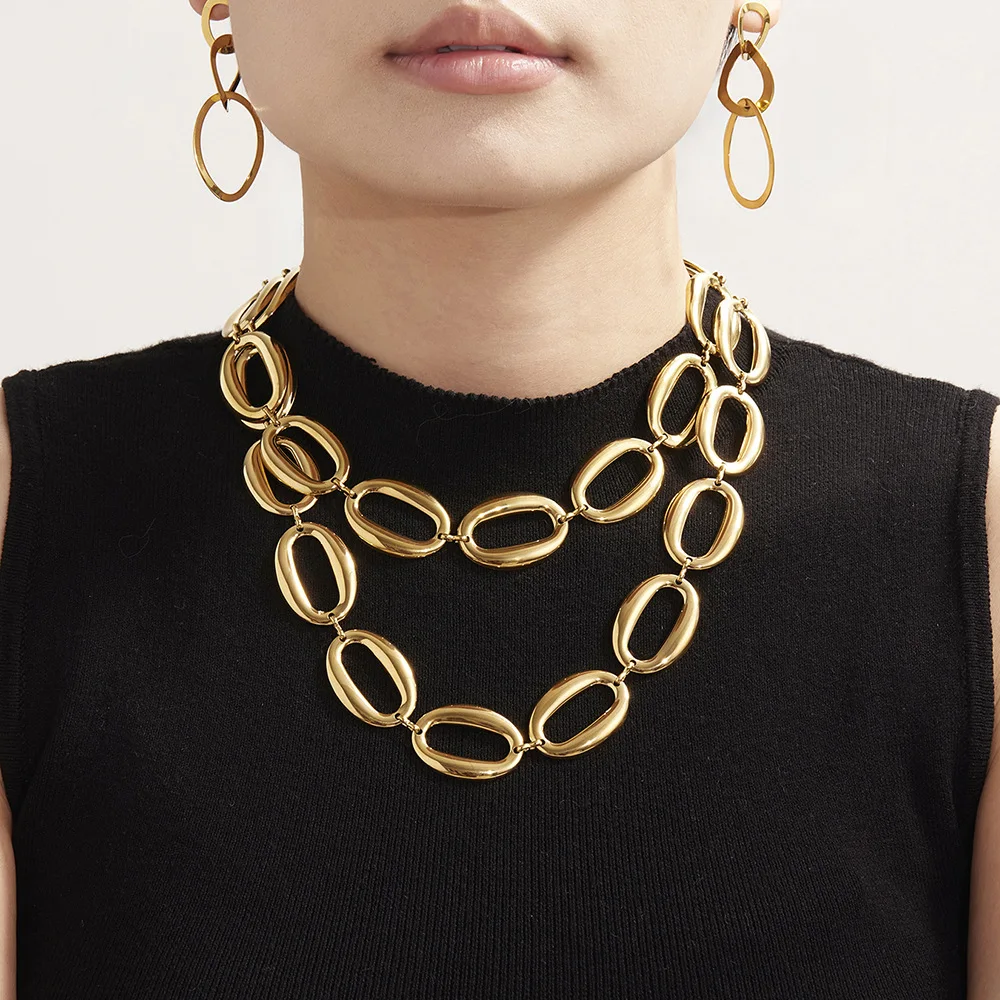

Joolim Jewelry Wholesale Waterproof&No Fade Fashion Chunky Smooth Simple Oval Chain Stainless Steel Necklace for Women