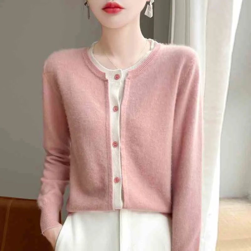 

Two-Piece Knit Cardigan Round Neck Spring Autumn Coat New Color Block Sweater Loose Outerwear Fashion Top Women