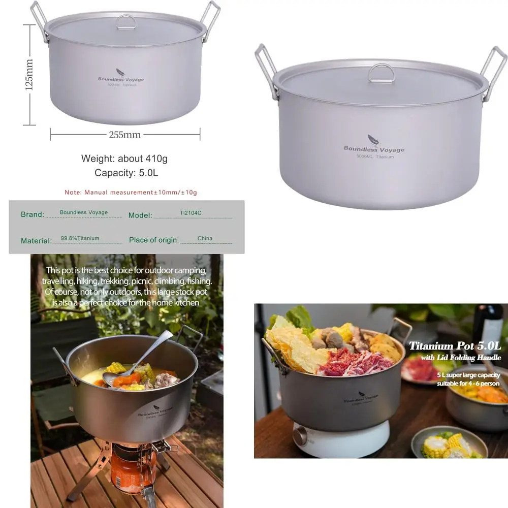 

Portable 5.0L Titanium Camping Pot with Lid and Folding Handle for Hiking, Picnics, and Kitchen Use