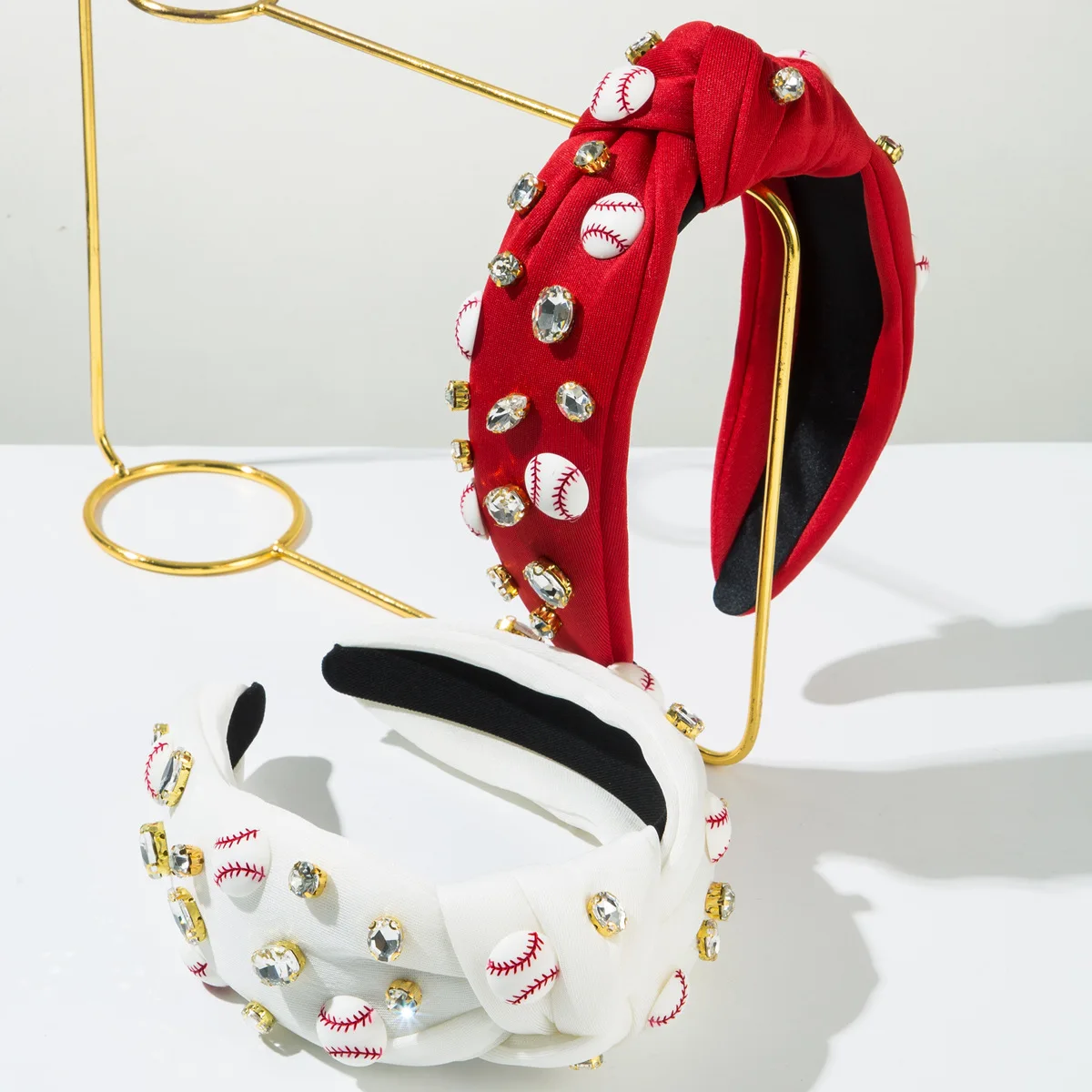 

Sporty Baseball Knotted Headband for Women White Red Fabric Gold Tone Clear Crystal Decor Wide Padded Hairband for Fan