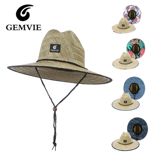 GEMVIE Sombrero salvavidas para mujer, sombrero de paja para playa, estampado al aire libre, ala ancha, sombrero panamá de verano