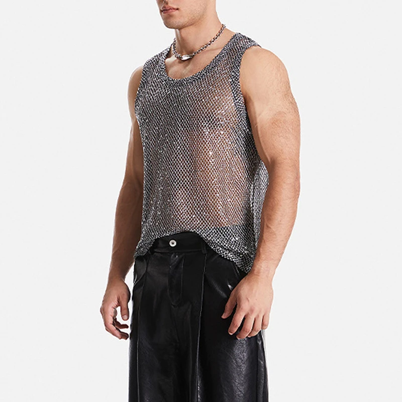 Nightclub Sexy Mens Tank Tops Mesh Sequin Glitter Hollow Out Transparent Vest Men Summer Fashionable Sleeveless Mesh Camisoles