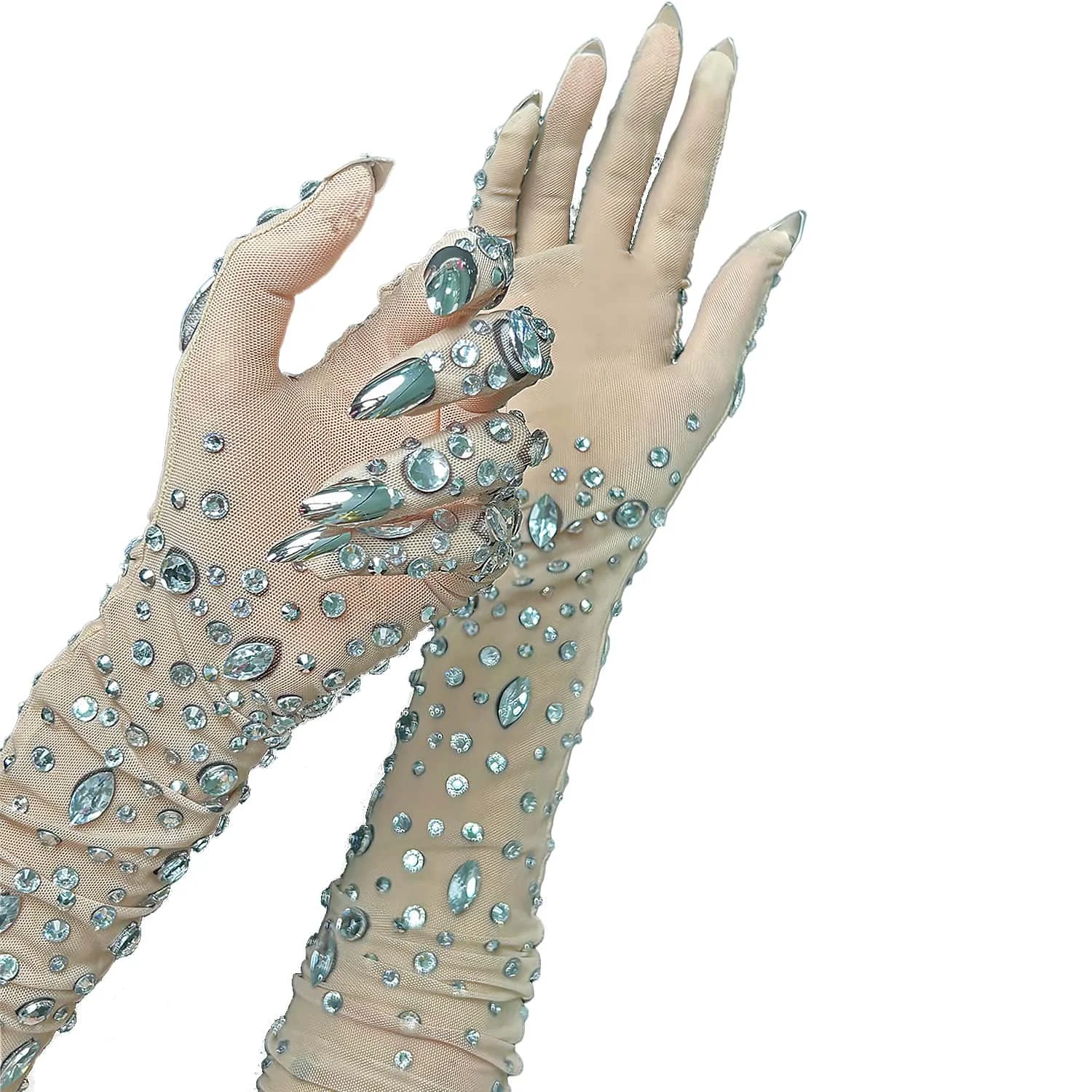 Fashion Party Rhinestone Gloves Women Skin Nude Color Crystal Prom Wedding Long Gloves Dancer Singer Stage Accessories Shoutao