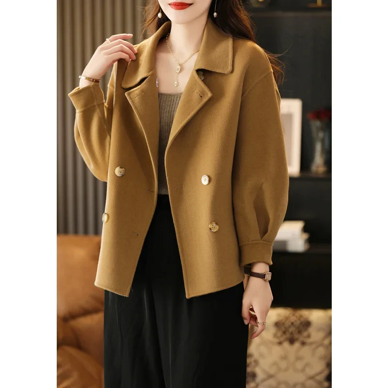 Double-Sided Cashmere Coat for Women, Short Korean Loose, Horn Buckle, Pure 100% Wool, Autumn, Winter, 2024