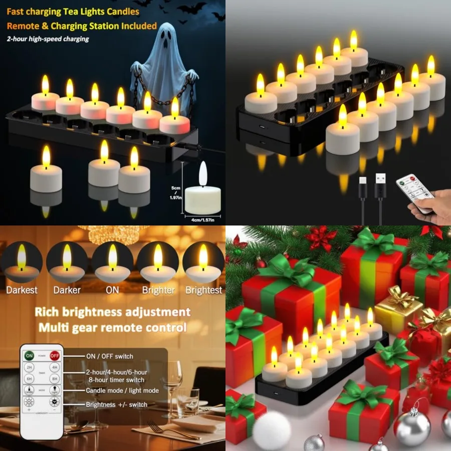 

Rechargeable LED Tea Lights with USB Charging Base and Remote Timer - Battery Operated Flameless Flickering Votive Candles for