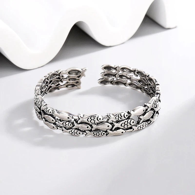 

Sole Memory Retro Fish Cerative Cute 925 Sterling Silver Female Trendy Resizable Opening Bangles Bracelet For Women BR006