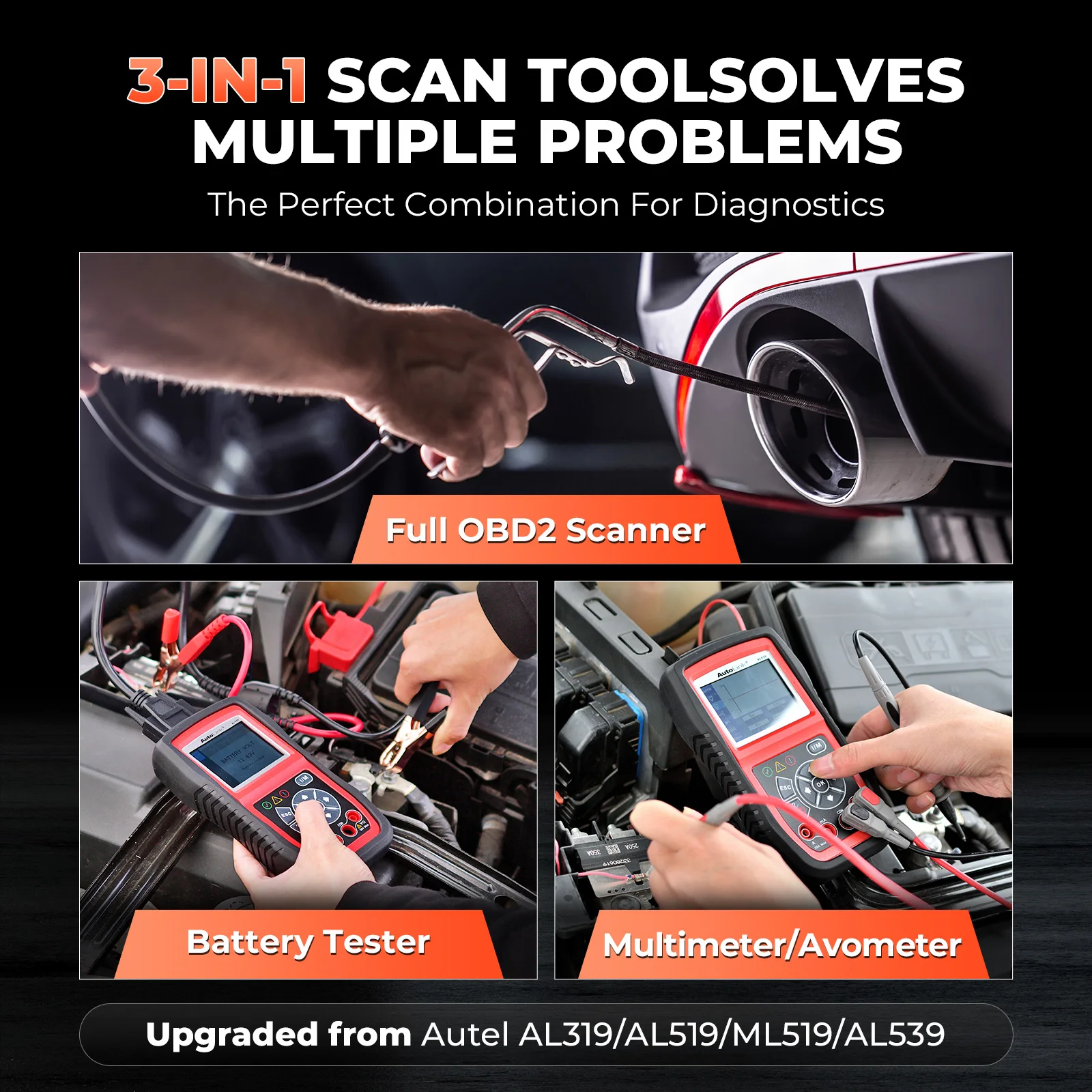 Autel AL539B OBD2 Scanner 3-in-1 Code Reader Battery Tester Avometer for 12 Volts Batteries Full OBDII Diagnosis Charging System