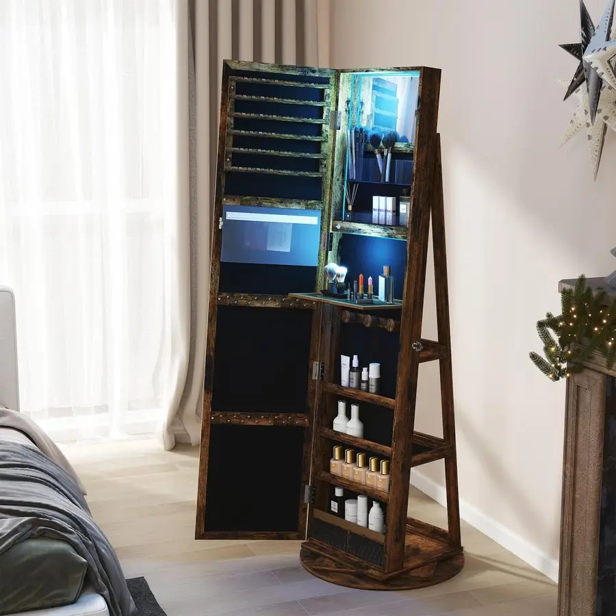 Swivel Jewelry Armoire, Lockable Jewelry Cabinet with LEDs, Standing Multiple Sizes Organizer and Rear Storage Shelves, Framele