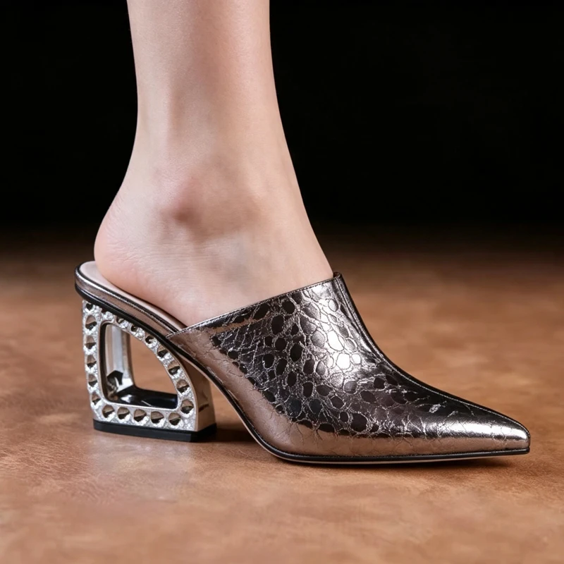 Women's New Summer Genuine Leather Leopard Print Cowhide High-Heeled Wedge Heel With Toe Cover, M ü Ller Shoes, Star Style Slipp