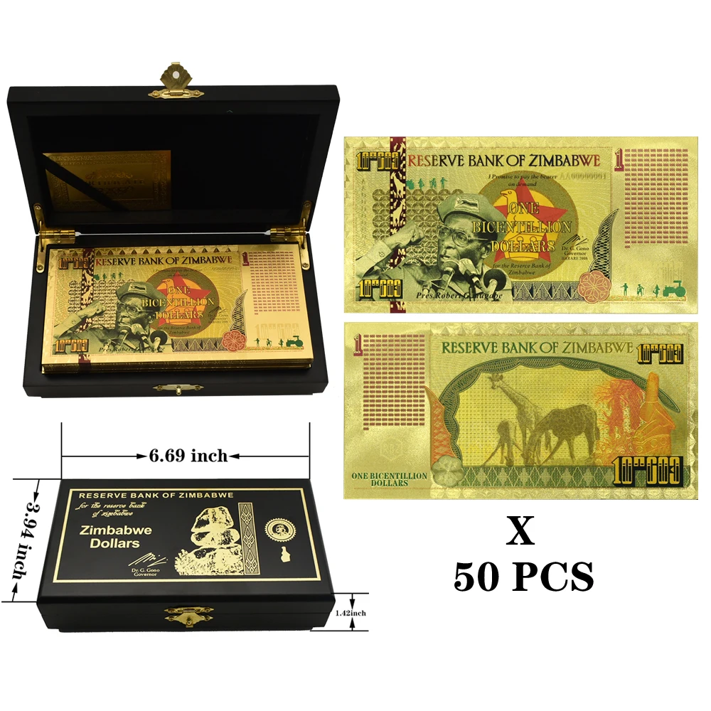 

50pcs/box Zimbabwe One Bicentillion Dollars Gold Color Foil Banknotes In Wooden box Collectible Souvenir Gift