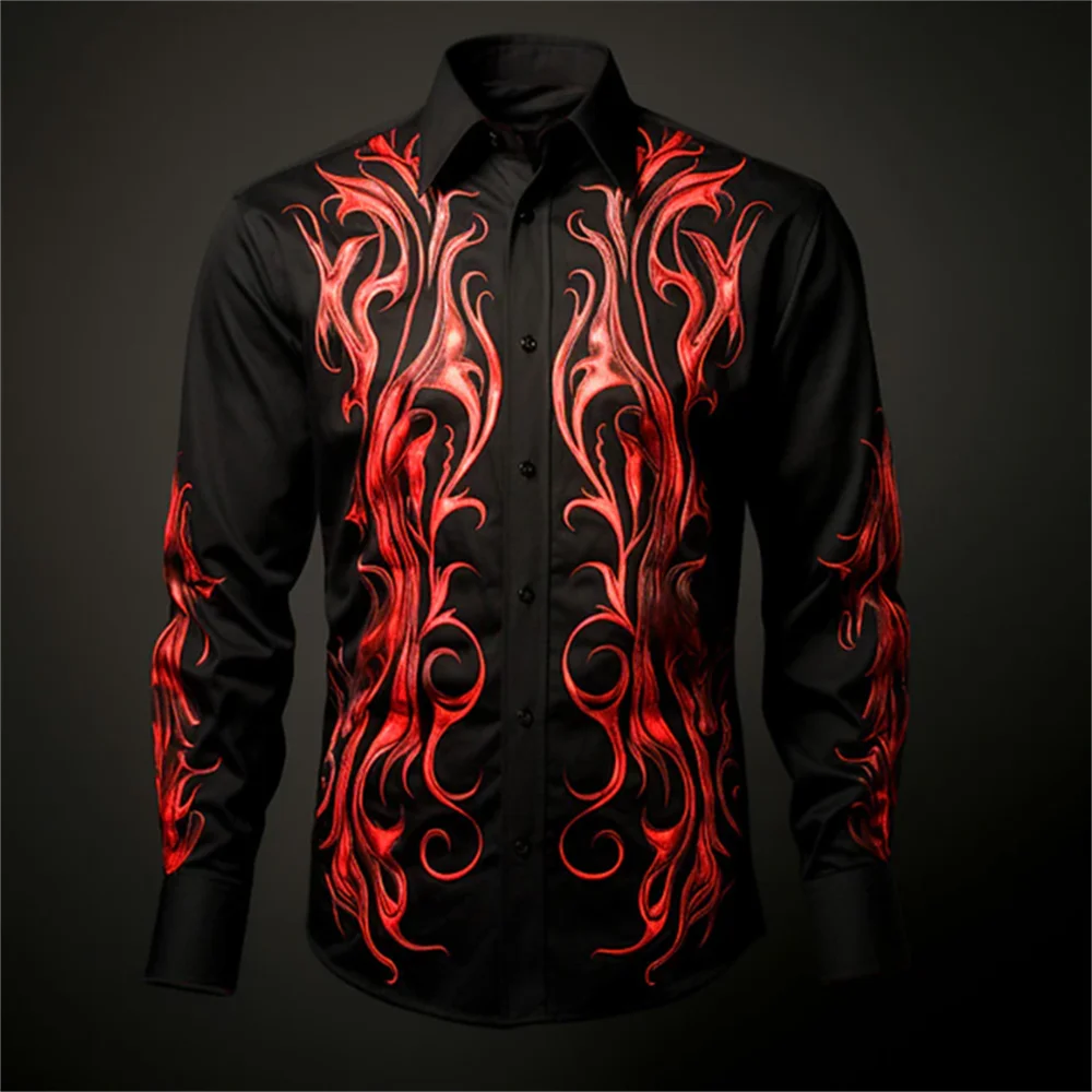 

Floral art men's shirts for daily wear, autumn and winter lapel long-sleeved shirts, soft and comfortable tops with stylish butt