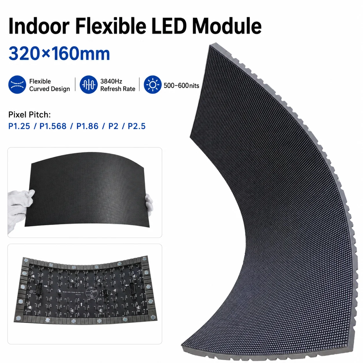 Flexible LED screen panel module Indoor 320*160mm P1.25 P1.568 P1.86 P2 P2.5 RGB Full color Soft LED display panel module