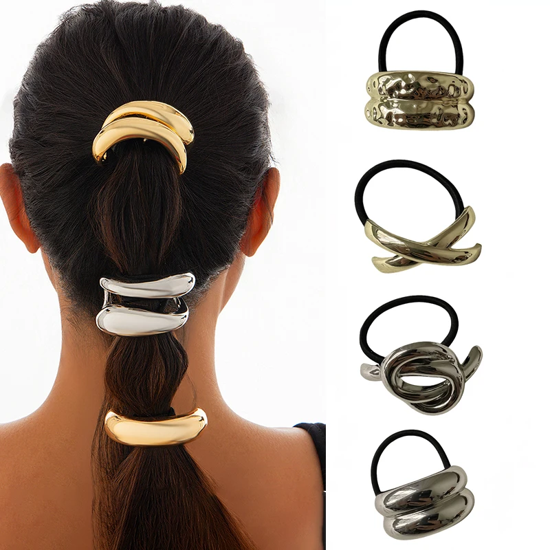 2024 New Retro Metal Golden Hair Rope for Women Elegant Geometry Elastic Handmade Hair Tie Fashion Girl Hairband